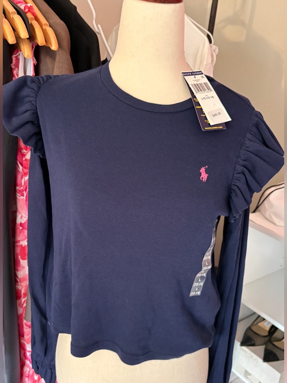 Ralph Lauren Navy Long Sleeve Tee with Pink Polo Pony